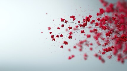   Tree branch with red flowers, close-up; white sky background