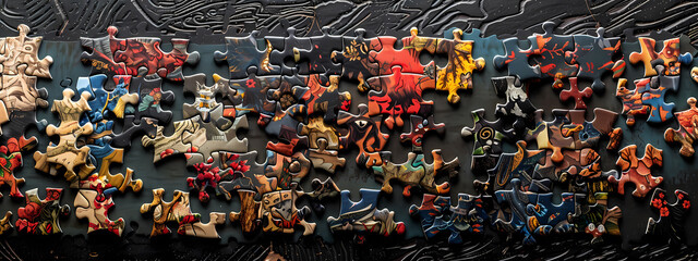Obraz premium A vibrant collection of puzzle pieces, showcasing various colors and intricate designs, creating a playful and engaging atmosphere.
