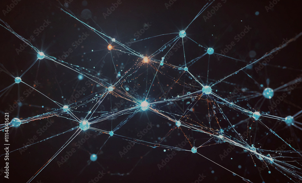 Poster computer generated image of a network of dots. the dots are connected by lines. the image is black a