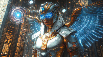 Obraz premium Horus in radiant futuristic armor with glowing falcon wings and holographic solar discs, set in a cyber-sky with neon hieroglyphs and advanced tech elements