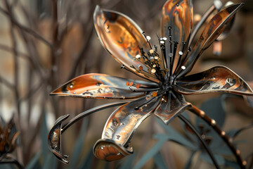 A close-up of a stunning metallic flower sculpture in warm copper tones, showcasing intricate...