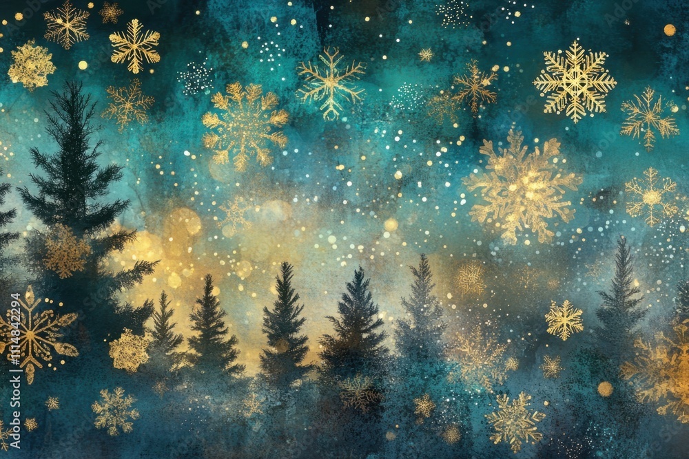Poster a digital art background of bokeh lights and snowflakes, with silhouettes of pine trees in the foreg
