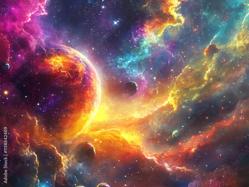 Poster vibrant abstract space background with cosmic planets and celestial elements