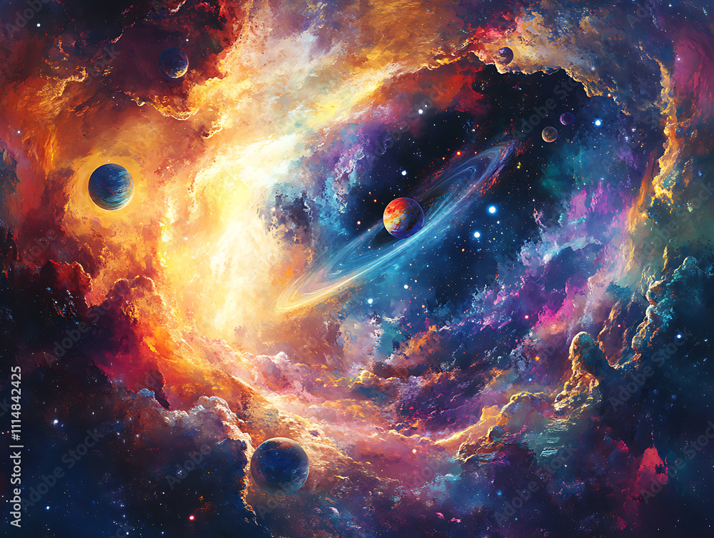 Aufkleber Vibrant abstract space background with cosmic planets and celestial elements