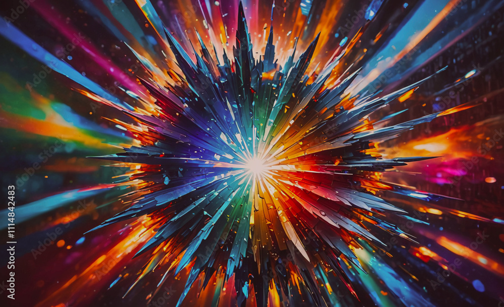 Poster Colorful explosion of light and color. The explosion is made up of many different colors and shapes