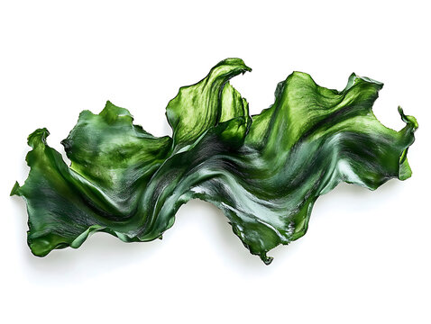 Vibrant spirulina algae strands isolated on a white background, showcasing the natural texture and details of this nutritional superfood