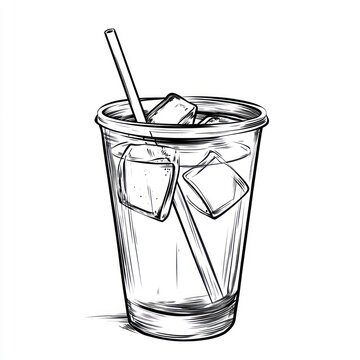 recommend clip art: Sketch of iced drink in a disposable cup with straw and ice cubes.
