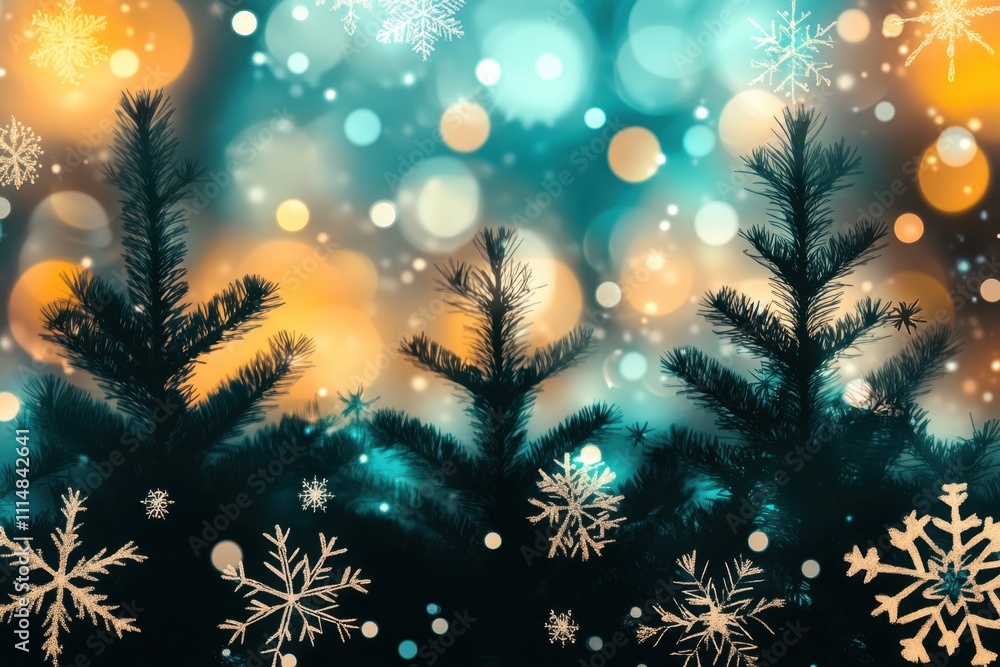 Poster a digital art background of bokeh lights and snowflakes, with silhouettes of pine trees in the foreg