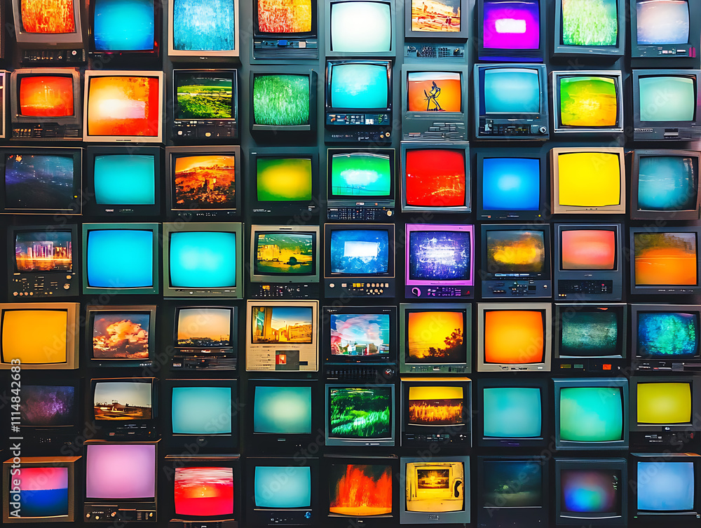 Poster wall of televisions displaying various colorful broadcasts