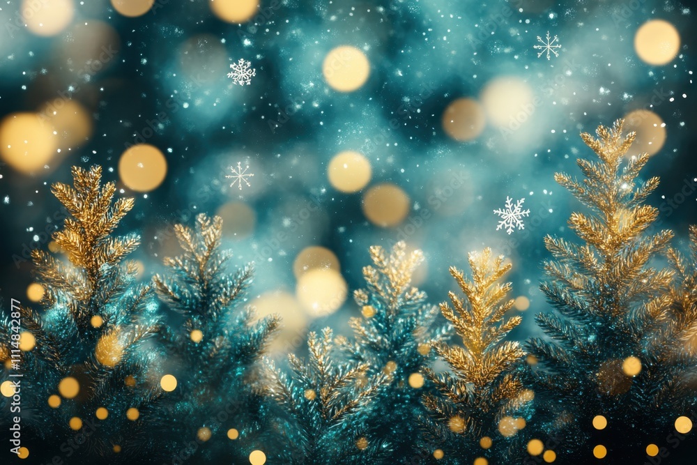 Poster a beautiful bokeh background of pine trees, with snowflakes falling and the moon in the sky, creatin