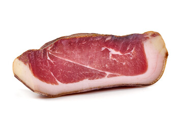 Delicious Serrano ham, cured jamon iberico, isolated on white background.