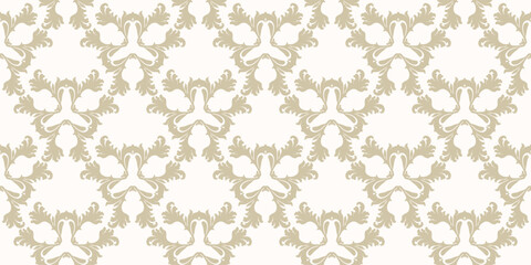 Abstract golden vector background with curly shapes, swirls, floral elements. Elegant damask seamless pattern. Ornament texture in baroque, rococo, renaissance style. Repeated gold and white design