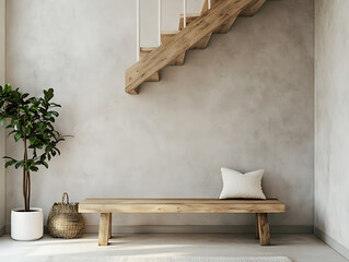 Wooden bench against grey wall and staircase, scandinavian, rustic farmhouse interior design of modern entryway