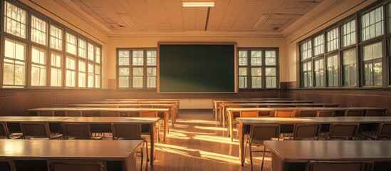Fototapeta premium Empty Classroom with Sunlight Streaming Through Windows