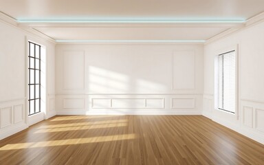 Fototapeta premium Sunlit empty room boasts elegant interior design warm hardwood floors white paneled walls crown molding recessed lighting and window blinds creating a serene atmosphere.