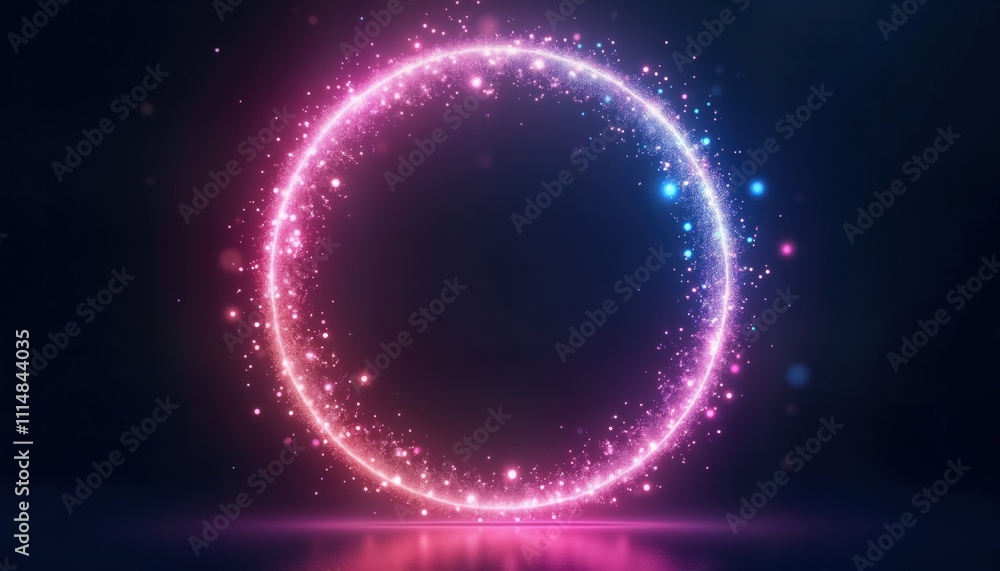 Poster Abstract glowing circle with purple, blue light effects. Sparkling particles create vibrant energetic aura. Perfect for modern design creative projects. Dynamic abstract background with light, glow.