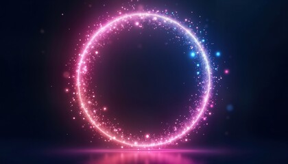Fototapeta premium Abstract glowing circle with purple, blue light effects. Sparkling particles create vibrant energetic aura. Perfect for modern design creative projects. Dynamic abstract background with light, glow.