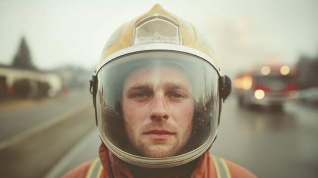 Close-up of a firefighter in helmet looking at the camera
