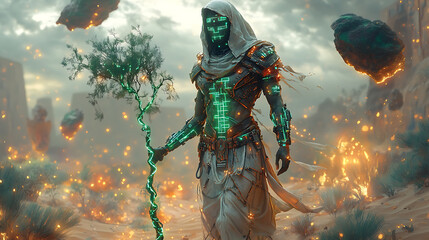 Geb in earthy futuristic armor with glowing vines, holding a digital tree staff, set in a cyber-desert with neon plants and tech-enhanced rocks