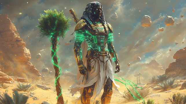 Geb in earthy futuristic armor with glowing vines, holding a digital tree staff, set in a cyber-desert with neon plants and tech-enhanced rocks