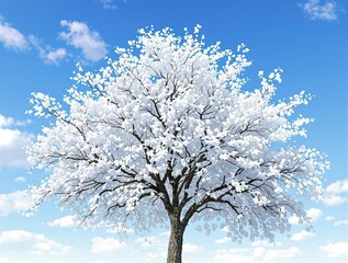 Fototapeta premium Aesculus tree covered in white flowers against blue sky, tall tree, branches, season, clear