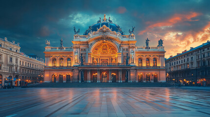 A grand theater showcasing ornate architecture and vibrant cultural events.