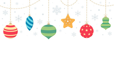 Hanging holiday ornaments on transparent background.  Background and banner vector illustration template. Christmas and New Year decoration.