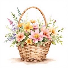 Obraz premium Beautiful wicker basket filled with colorful flowers on a white background for decoration