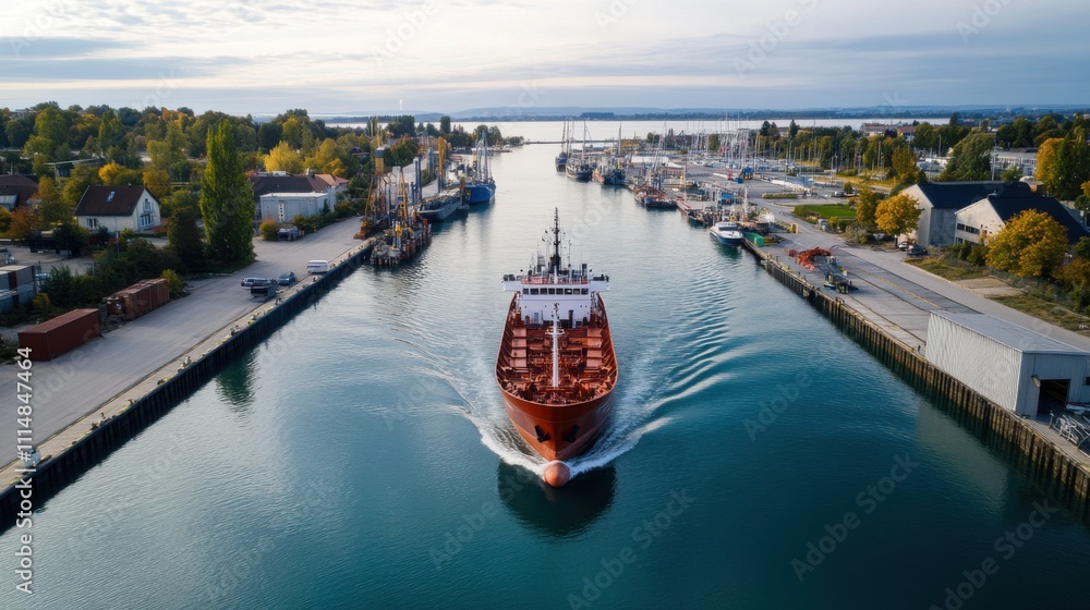 Poster aerial view of a cargo ship navigating through a serene harbor surrounded by trees and boathouses on