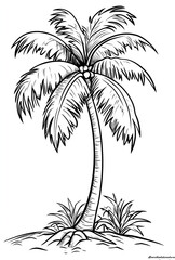 Obraz premium line drawing of a coconut tree, designed as a coloring page for children with thick lines and no shading or background. 