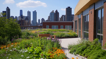 Fototapeta premium A green roof community garden enhancing urban biodiversity.A green roof community garden enhancing urban biodiversity.