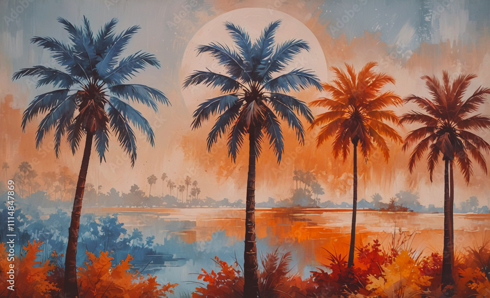 Poster Painting of a tropical scene with three palm trees and a large moon. The trees are orange and blue