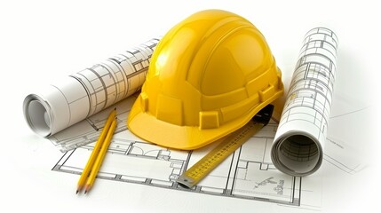Construction site essentials  yellow safety helmet, blueprints, tools, and measuring instruments