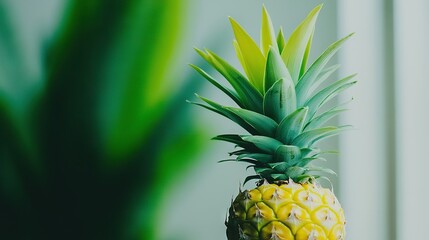 Fototapeta premium A pineapple sits atop a table, beside a potted plant, in the corner of the room