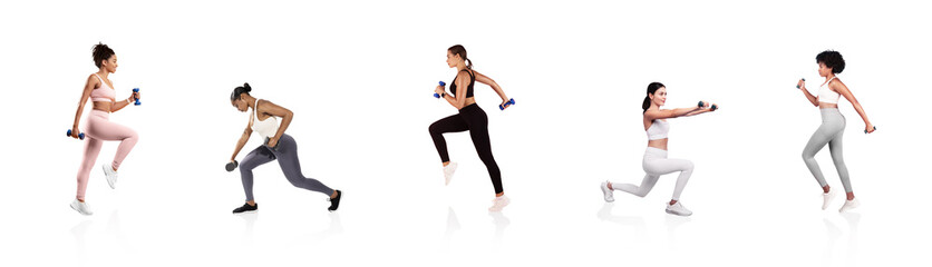 Four women engage in diverse workouts with dumbbells, demonstrating exercises that enhance strength...