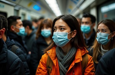 Diverse people commute in a busy urban subway train. They all wear masks during pandemic. People look away or straight ahead. Subway commuters in city. Public transport urban scene.