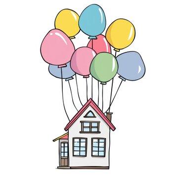 Colorful balloons lifting a small house, symbolizing dreams and imagination, cheerful atmosphere, and whimsical concept of freedom.