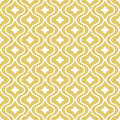 Abstract geometric seamless pattern in oriental style. Luxury golden vector background with wavy lines, flower silhouettes, lattice, tiles. Simple gold floral ornament texture. Repeated geo design