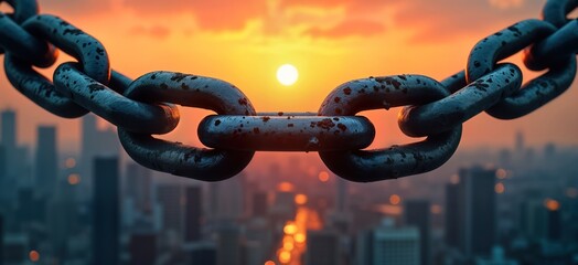 Naklejka premium Heavy iron chain links connect against city skyline at sunset. Links rusty showing time, use. Strong metal chain connection to urban area. City lights blur in background. Warm sunset hues behind