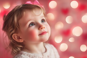 Fototapeta premium A young girl with curly hair admires the warm glow of Valentine’s Day decorations. Her face reflects joy and curiosity amidst a dreamy, heart-filled background