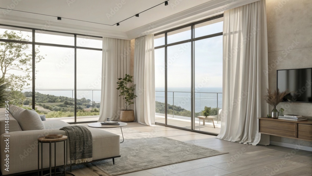 Poster large framed windows illuminate the area allowing natural light to flood in. soft linen curtains swa