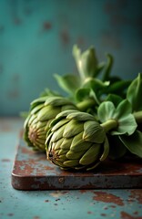 Fototapeta premium Fresh artichokes sit on rustic metal surface. Close up view of two green artichoke heads. Healthy, organic vegetable display. Ideal for culinary photography. Raw food photography. Excellent image for