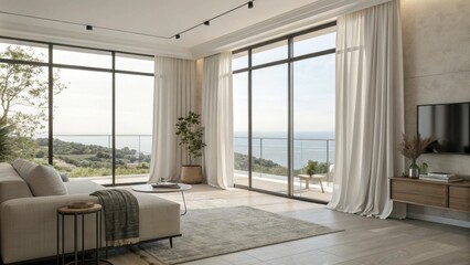Fototapeta premium Large framed windows illuminate the area allowing natural light to flood in. Soft linen curtains sway slightly adding a touch of softness that contrasts with the sy furnishings and