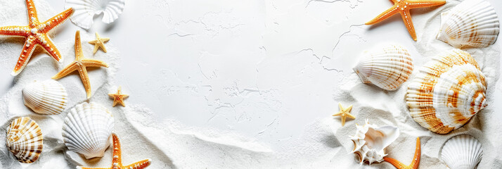 Obraz premium Bright summer beach background with sea shells and starfish on a white sandy surface. Copy space