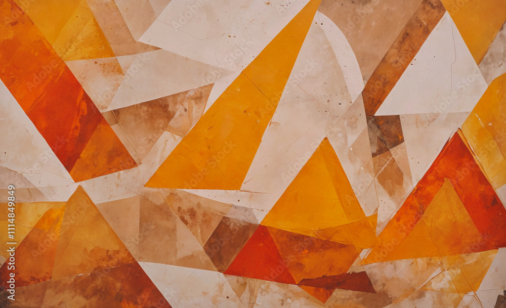 Poster painting with triangles and squares in orange and white. the triangles are in different sizes and or