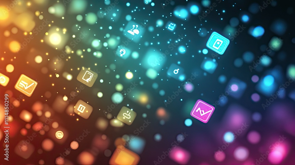 Poster vibrant colorful background with glowing icons and bokeh effect for technology and digital design th
