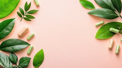   Pink background with green leaves and capsules on both sides of the image
