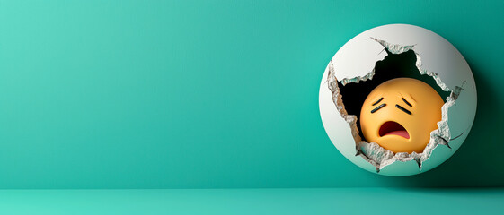 Cyberbullying privacy safety concept. A sad emoji peeks through a cracked wall, symbolizing feelings of distress and isolation against a teal background.