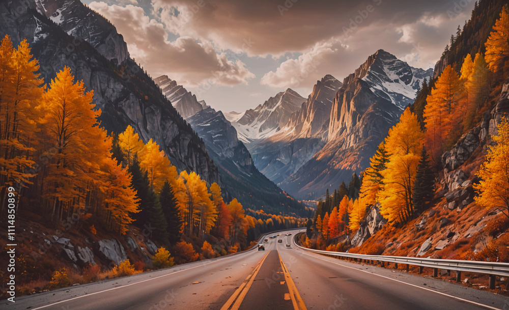 Poster road with a mountain range in the background. the road is lined with trees and there are cars on the