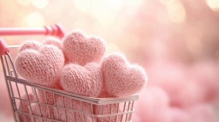 Shopping cart brimming with delightful pink knitted hearts bringing warmth and joy to any decor setting
